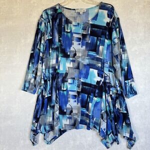 Southern Lady Shirt Womens 1X Blue Abstract Asymmetrical Hem Tunic Top‎